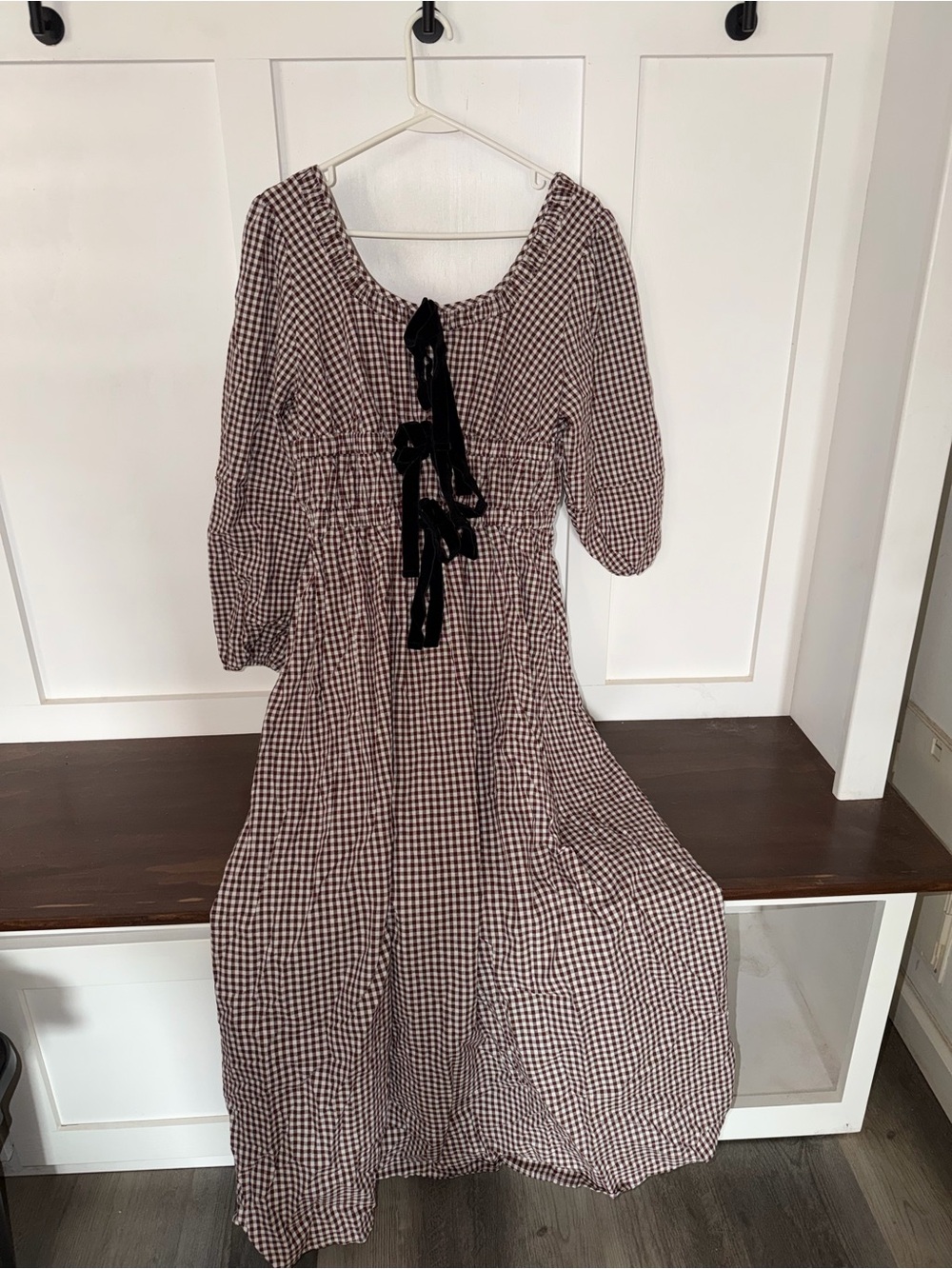 Amazon Brown and White Gingham Midi Dress with Black Ribbon Ties